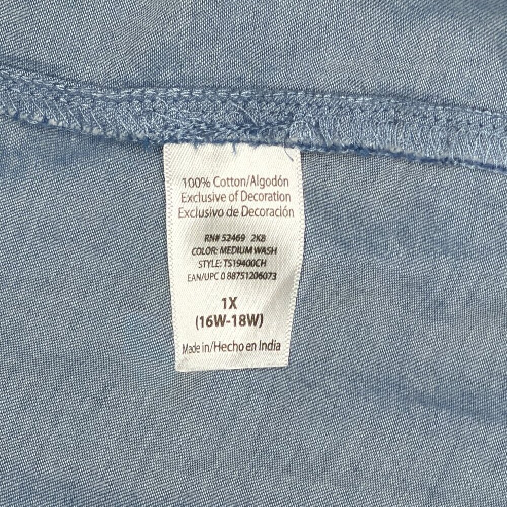 Terra & Sky Smocked Neck Denim Blue Tunic with Eyelet Embroidery - 1X - Picture 7 of 8